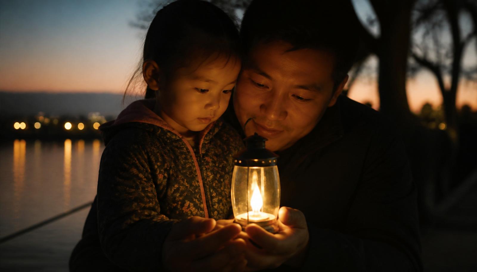 A parent and child holding a warm glowing light together